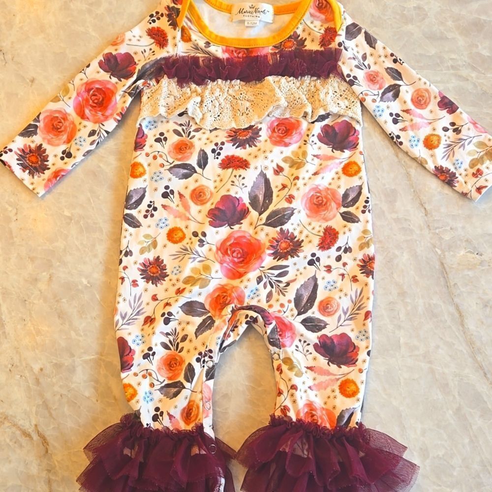 MARIE NICOLE Floral Long Sleeve Baby Romper with Ruffle Details